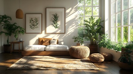 Fototapete - White mock up frame close up displayed a children's room with sleek wooden furniture Light streaming in through large windows creates a bright and cheerful space in this detailed 3D render