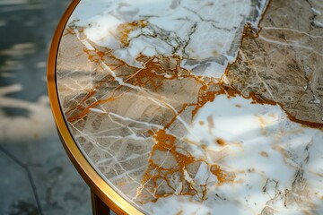 Poster - sunlight reflecting on a luxurious round marble table top with a gold metal frame, creating a sophis