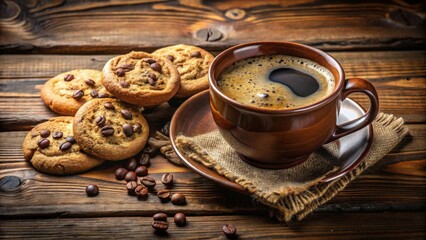 Poster - Aromatic Coffee with a Side of Sweet and Nutty Cookies on a Rustic Wooden Table