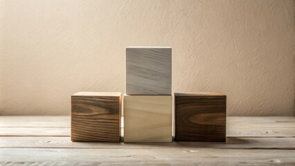 Poster - Three Wooden Cubes in a Row on a Wooden Surface with a Light Beige Wall Background