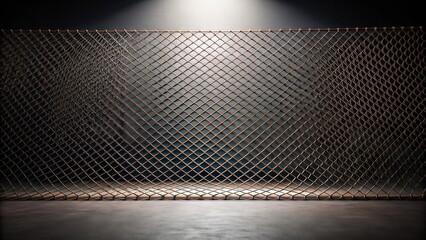 Poster - A metallic chain link fence with a spotlight shining on it, creating a dramatic shadow on the floor.
