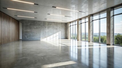 Aufkleber - A spacious modern interior with expansive windows showcasing a serene landscape, featuring a concrete floor, exposed concrete walls, and sleek linear lighting.