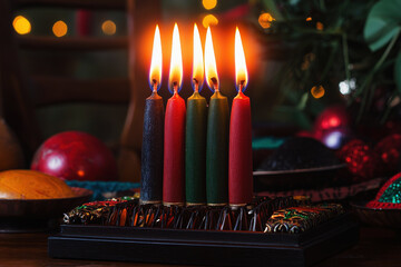 Kwanzaa celebration with kinara candle holder displaying vibrant flames in a traditional setting