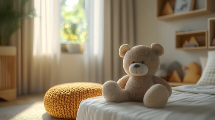 Poster - White mock up frame close up featured a wall in a modern children's room with natural wooden furniture Bright colors and soft materials create a playful yet calming atmosphere in this 3D render