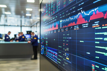 Poster - dynamic trading room displays stock market data while traders analyze trends and make decisions in r