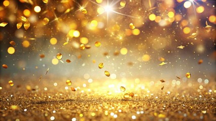 Poster - Golden Confetti Falling on a Sparkling Glitter Surface with Blurred Lights in the Background