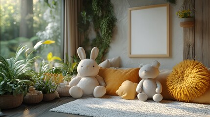 Poster - White mock up frame close up a cozy children's room surrounded by natural wooden furniture Soft lighting and pastel decor enhance the calm atmosphere in this 3D render of a charming space