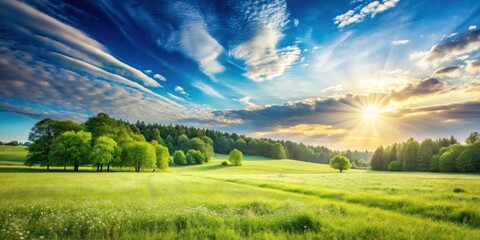 Aufkleber - A Vibrant Meadow Bathed in Golden Sunlight with a Lush Forest Border and Dramatic Cloud Formations in a Sky of Azure Blue