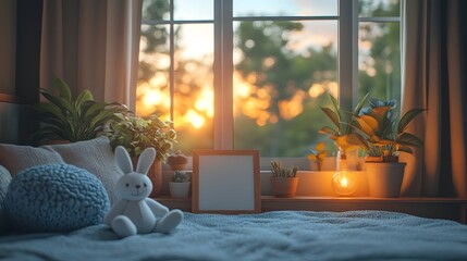 Poster - White mock up frame close up a cozy children's room surrounded by natural wooden furniture Soft lighting and pastel decor enhance the calm atmosphere in this 3D render of a charming space