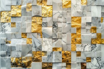 Poster - Luxurious white and gold marble wall creating an elegant geometric pattern, ideal for upscale interior design projects