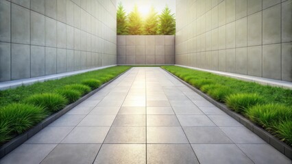 Aufkleber - A sun-drenched paved path flanked by lush green grass, leading towards a wall of gray tiled panels