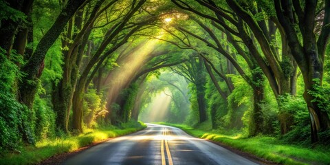 Poster - A winding road beneath a canopy of lush green trees with sunbeams illuminating the path ahead