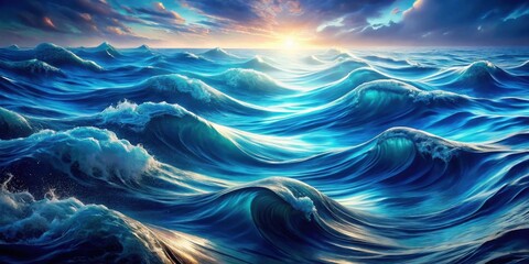 Aufkleber - An ethereal seascape with swirling, luminous waves, illuminated by the golden rays of the setting sun