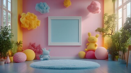 Poster - White mock up frame a colorful children's room interior Bright wall decals and playful furnishings surround the frame creating a joyful atmosphere 3D render capturing childhood imagination