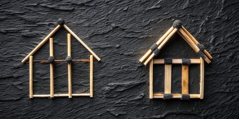 Aufkleber - Two Simple Stick Houses Constructed with a Wooden Frame and Black Tape on a Slate Background