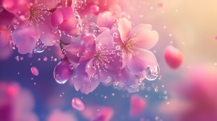 Wall Mural - A close-up of cherry blossoms adorned with droplets, capturing the essence of spring, beauty, and renewal.