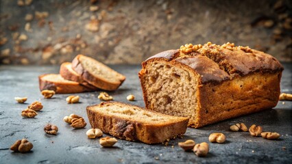 Poster - A Sliced Loaf of Nutty Bread with a Crumbly Texture and Scattered Nuts on a Dark Surface