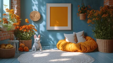Poster - White mock up frame a colorful children's room interior Bright wall decals and playful furnishings surround the frame creating a joyful atmosphere 3D render capturing childhood imagination