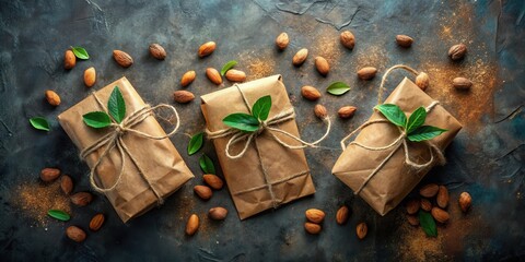 Aufkleber - Three rustic brown paper wrapped gifts tied with twine and decorated with green leaves, surrounded by scattered almonds on a dark textured surface.