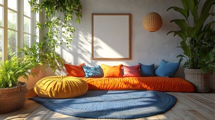 Fototapete - White mock up frame a whimsical wall in a children's room Interior features colorful rugs and creative storage solutions 3D render showcasing a vibrant and inspiring environment