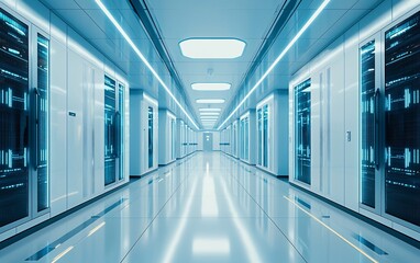 Poster - Futuristic server room corridor with glowing blue lights and sleek metallic cabinets.