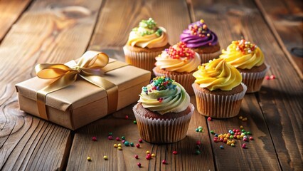 Poster - A Festive Spread of Cupcakes and a Gift Box, a Sweet Celebration on a Rustic Wooden Table