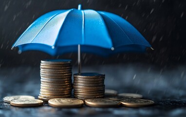 Wall Mural - Blue umbrella protecting stacks of coins from rain.