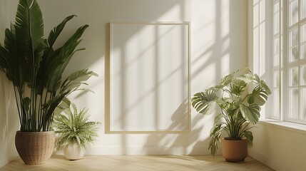 Fototapete - White poster frame mockup displayed a diagonal view against a soft light background capturing the frames details and enhancing the overall aesthetic with a touch of sophistication in this 3D render