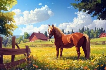 Wall Mural - Horse in a Sunny Meadow