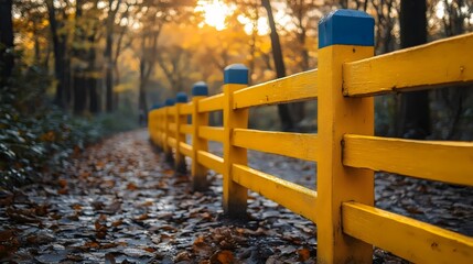 Wall Mural - A yellow fence with blue posts is in a forest