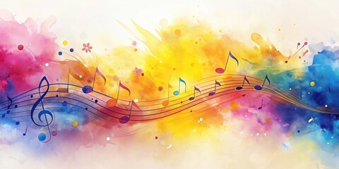 Poster - A Vibrant Watercolor Background with a Flowing Musical Score and Scattered Notes in a Rainbow of Colors