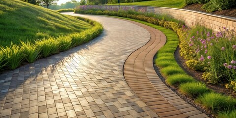 Aufkleber - A winding brick pathway bordered by lush green grass and colorful flowering plants, leading through a serene landscape, bathed in warm sunlight.
