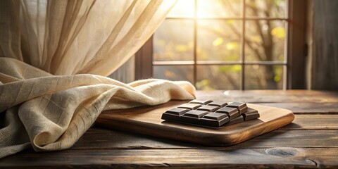 Poster - A rustic wooden table with a piece of fabric and a cutting board with chocolate bars, bathed in warm sunlight streaming through a window