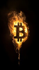 Poster - Bitcoin digital currency symbol burning in bright flames on a black background representing the volatility and risk of cryptocurrency investment