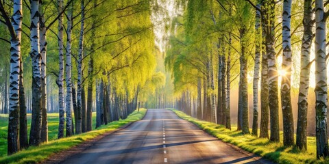 Poster - A sunlit road through a birch tree avenue, with fresh green leaves and a misty morning light.