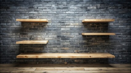 Aufkleber - Rustic wooden shelves mounted on a weathered brick wall, offering a display space for various items