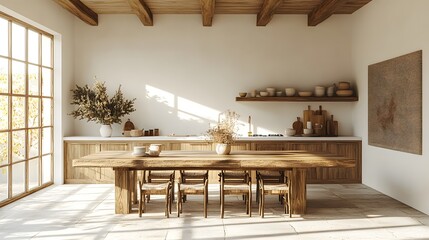Poster - White wall mockup a bright farmhouse kitchen interior featuring a large wooden dining table Natural textures and minimal decor add to the inviting countrystyle atmosphere in this 3D render
