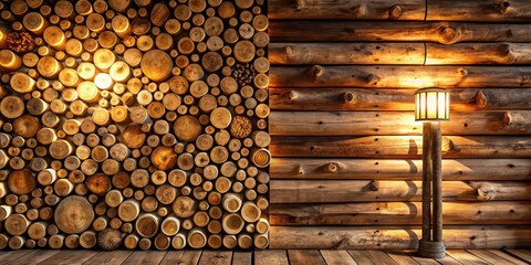 Aufkleber - A Rustic Wooden Wall Decorated With Log Rounds and a Lamp Shining Warmly on the Floor