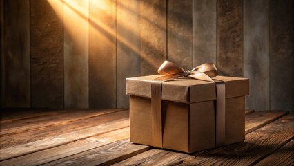 Poster - A Brown Gift Box Wrapped in a Golden Ribbon on a Rustic Wooden Table with Sunbeams Shining Through