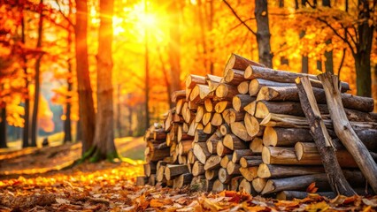 Aufkleber - A Stack of Firewood Logs in a Golden Autumn Forest, Sunlight Filtering Through the Trees