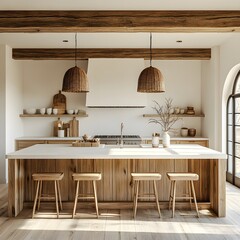 Poster - White wall mockup a cozy farmhouse kitchen featuring a classic wooden island The space blends modern farmhouse style with minimalistic elements to create an airy functional interior in this 3D render