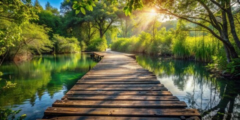 Poster - A sunlit wooden walkway stretches across a tranquil river surrounded by lush foliage, inviting you to explore the hidden beauty of the forest.