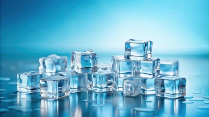 Aufkleber - A cluster of crystal-clear ice cubes stacked and scattered on a smooth, reflective surface, illuminated by soft, cool light.