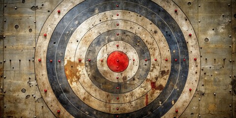 A worn and weathered target with faded rings and a red center, displaying the marks of countless attempts to hit the bullseye