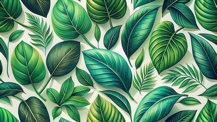 Poster - A vibrant collection of tropical leaves, showcasing various shapes, textures, and shades of green, forming a seamless pattern of nature's beauty.