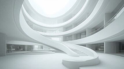 Poster - Modern white circular building interior with spiral staircase.