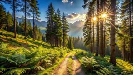 Poster - A sunlit forest path winds through a verdant valley with towering pine trees and a distant mountain range