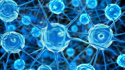 Poster - Blue Neuron Network, Brain Cells, Neural Connections on Dark Background. Science Illustration.