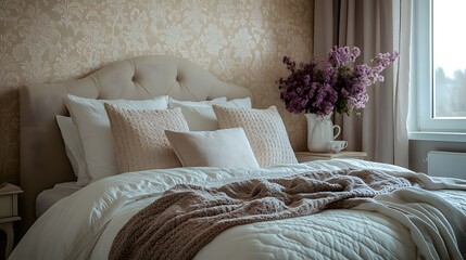 Poster - Wideangle perspective capturing stylish bedroom with beautifully patterned wallpaper a chic modern bed decorative flowers in a vase and elegant accessories creating a cozy atmosphere Template