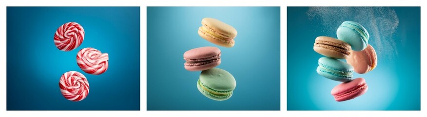 Poster - A vibrant triptych showcasing floating pastries:  delicate swirls and colorful macarons against a bright blue backdrop.  Sweet treats in motion.